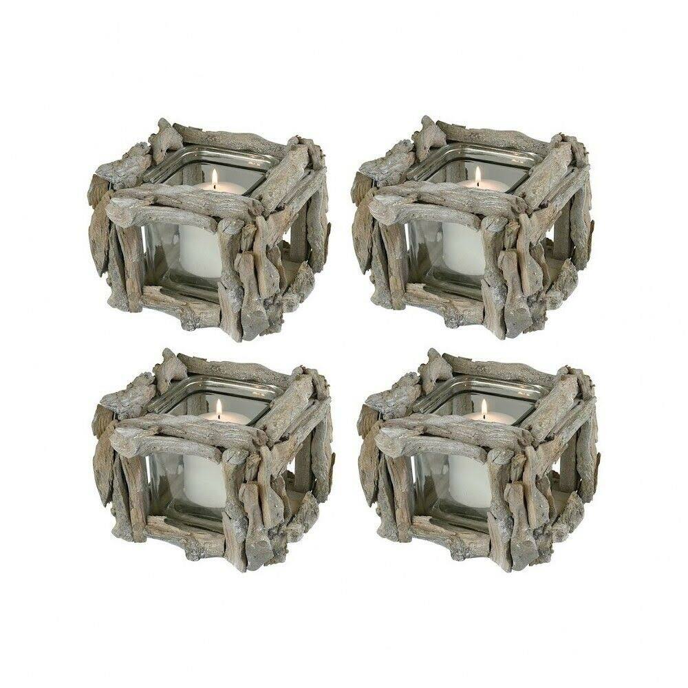 6.5 inch Square Driftwood Votive Candle Holder Set of 4 Wood Glass G8173