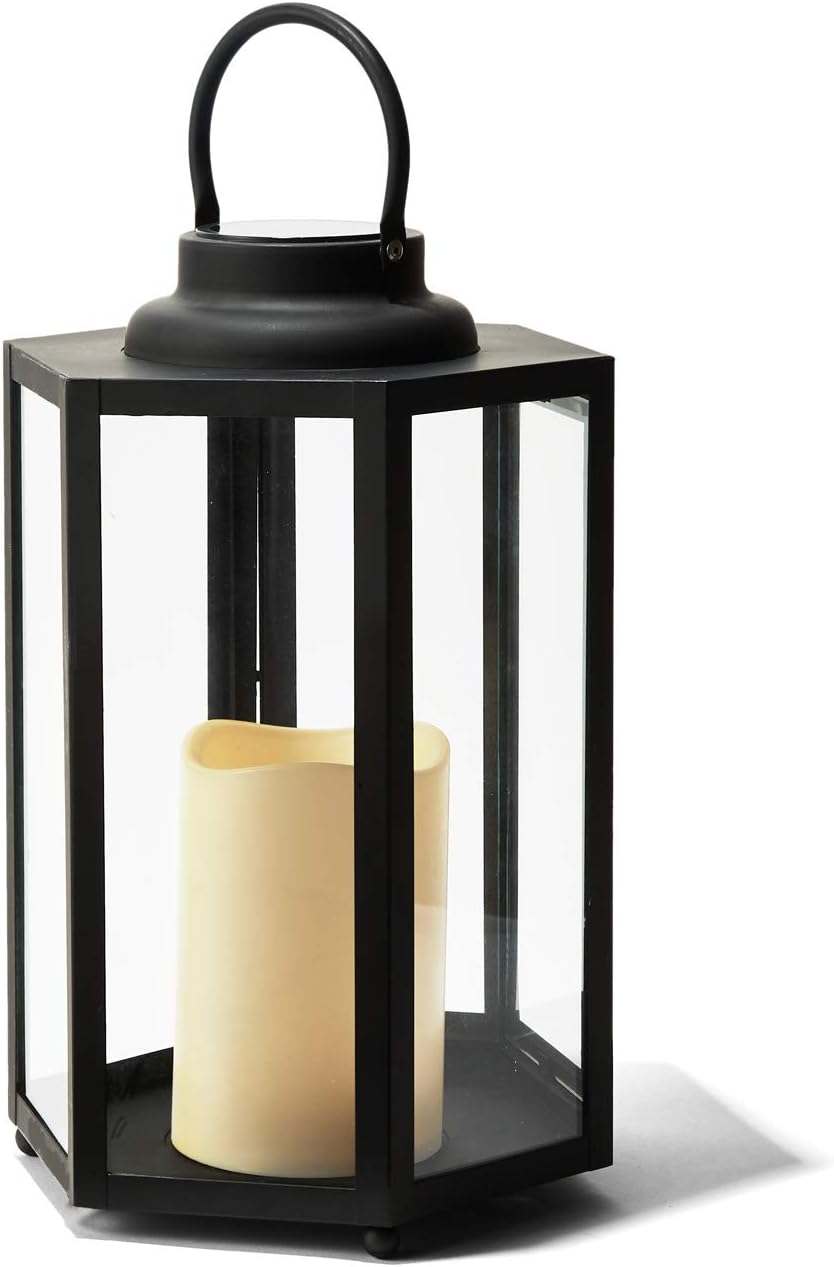 14 Inch Black Metal Glass Waterproof Solar Outdoor Lantern Q401
