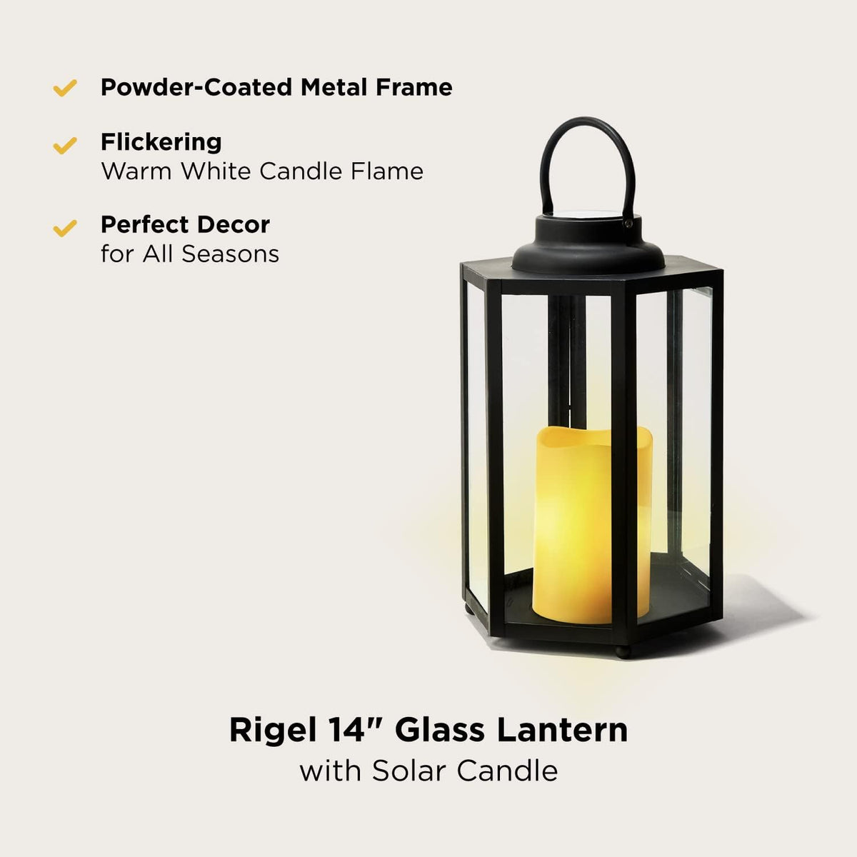 14 Inch Black Metal Glass Waterproof Solar Outdoor Lantern Q401