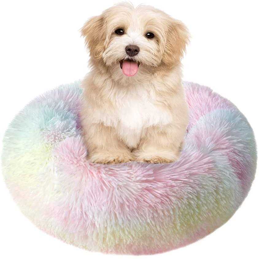 Round Plush Donut Pet Bed Warm Fur Cuddler Cushion K3895