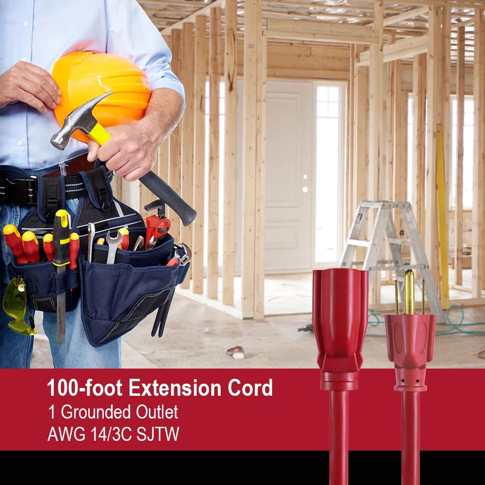 100FT 14AWG 3 Prong Red Extension Cord N466