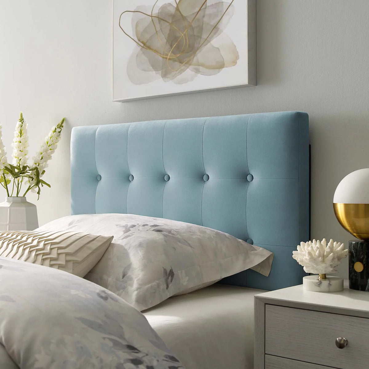 Light Blue Velvet Twin Size Tufted Headboard R6128