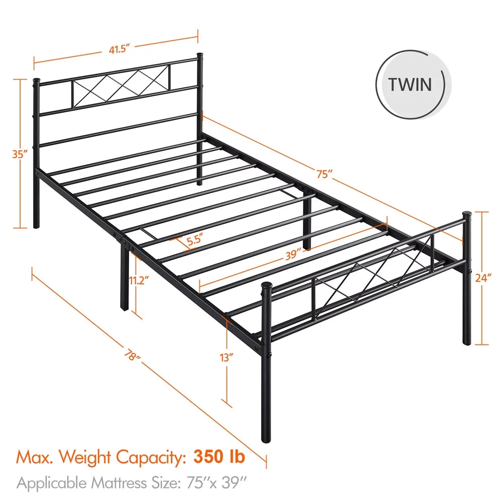 Black Twin Metal Slatted Bed Frame with Headboard Footboard S724