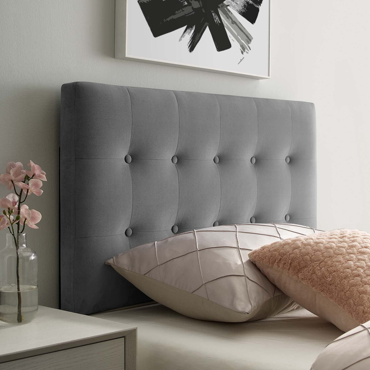 Twin Size Grey Velvet Tufted Headboard O40180
