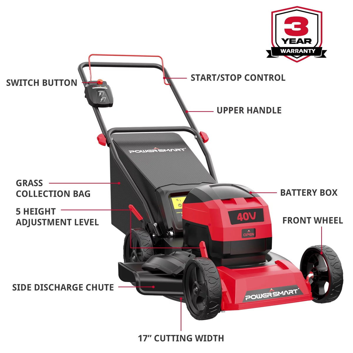 40V 17-inch Cordless Brushless Electric Push Lawn Mower R304887