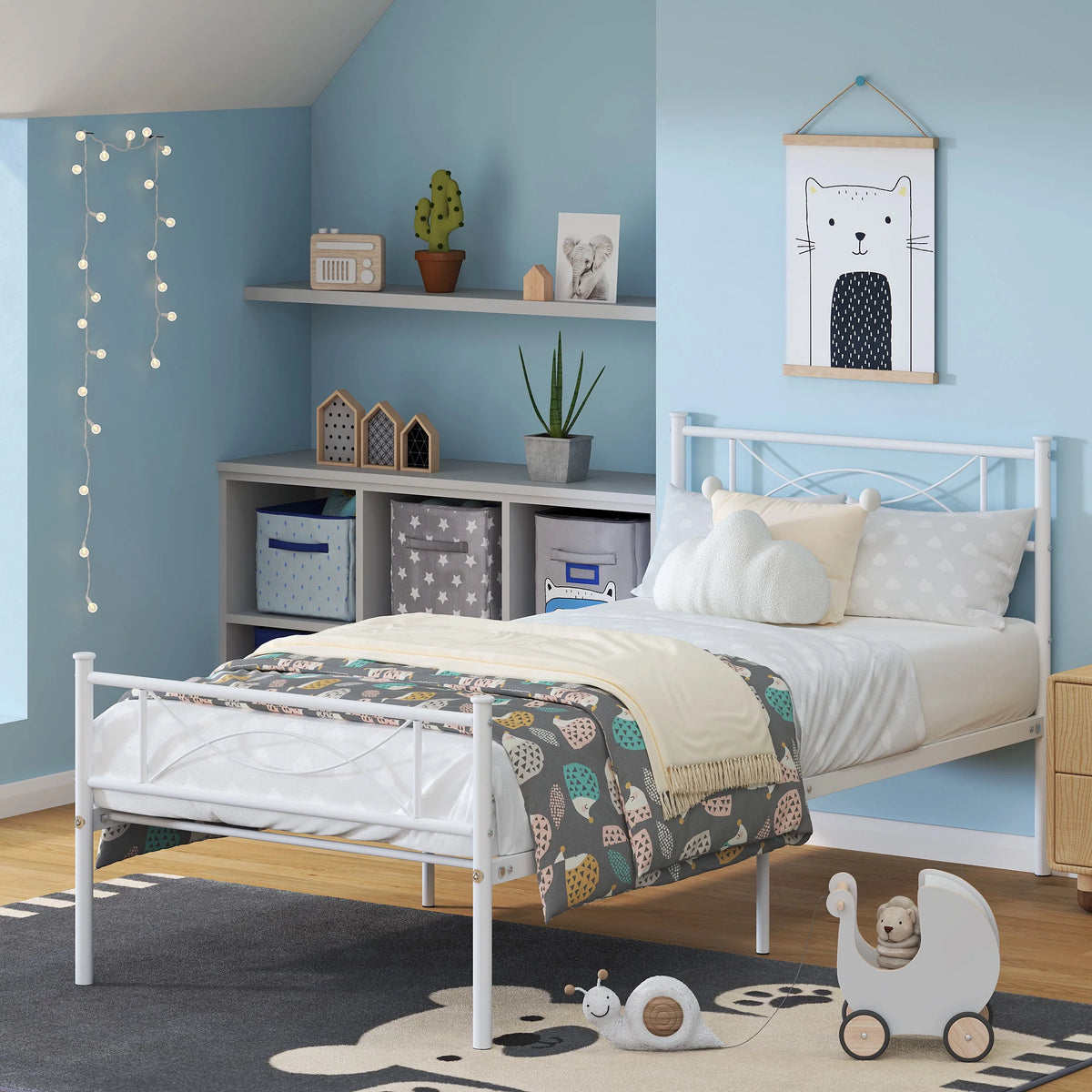 White Twin Size Metal Platform Bed Frame with Headboard A7945