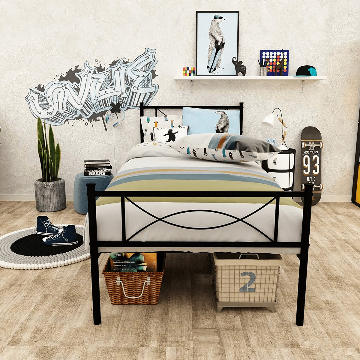 White Twin Size Metal Platform Bed Frame with Headboard A7945