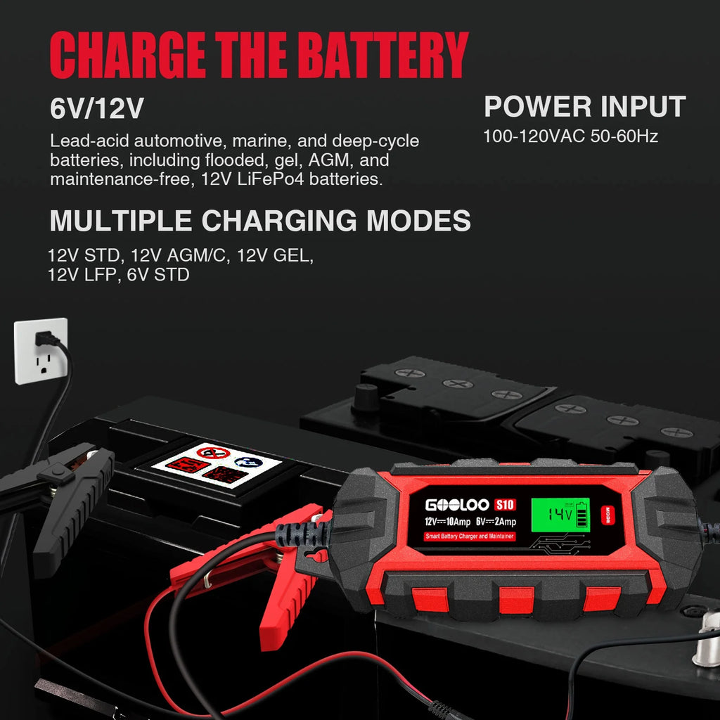 6A 6V 12V Smart Trickle Battery Charger Maintainer with LCD Display L434776
