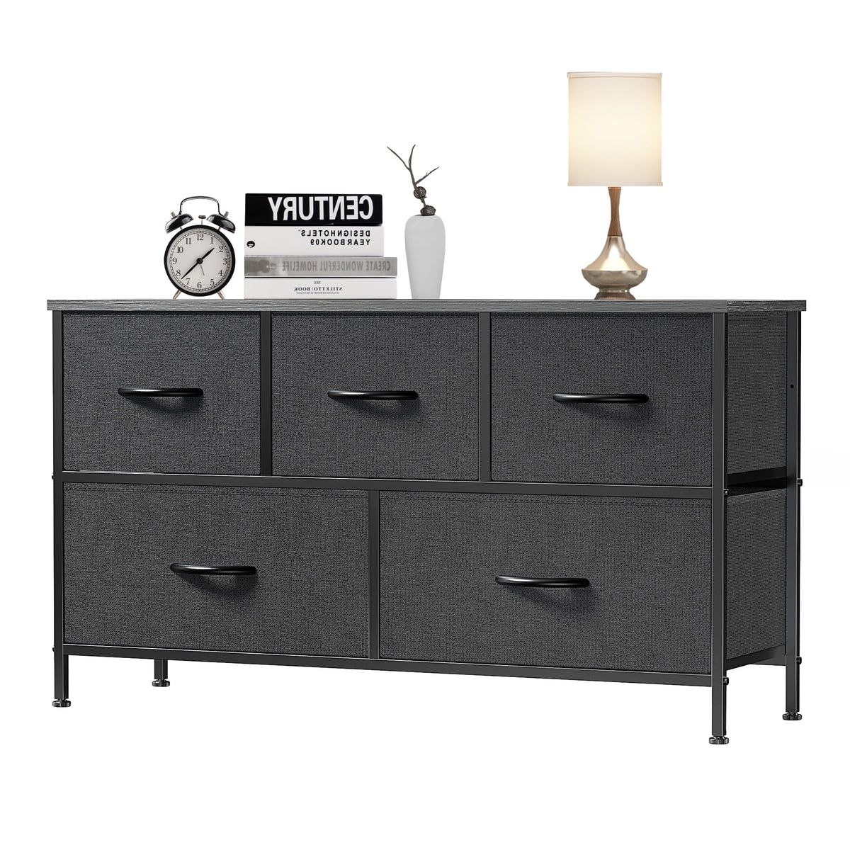 Black 5 Drawer Fabric Dresser with Wood Top Y144