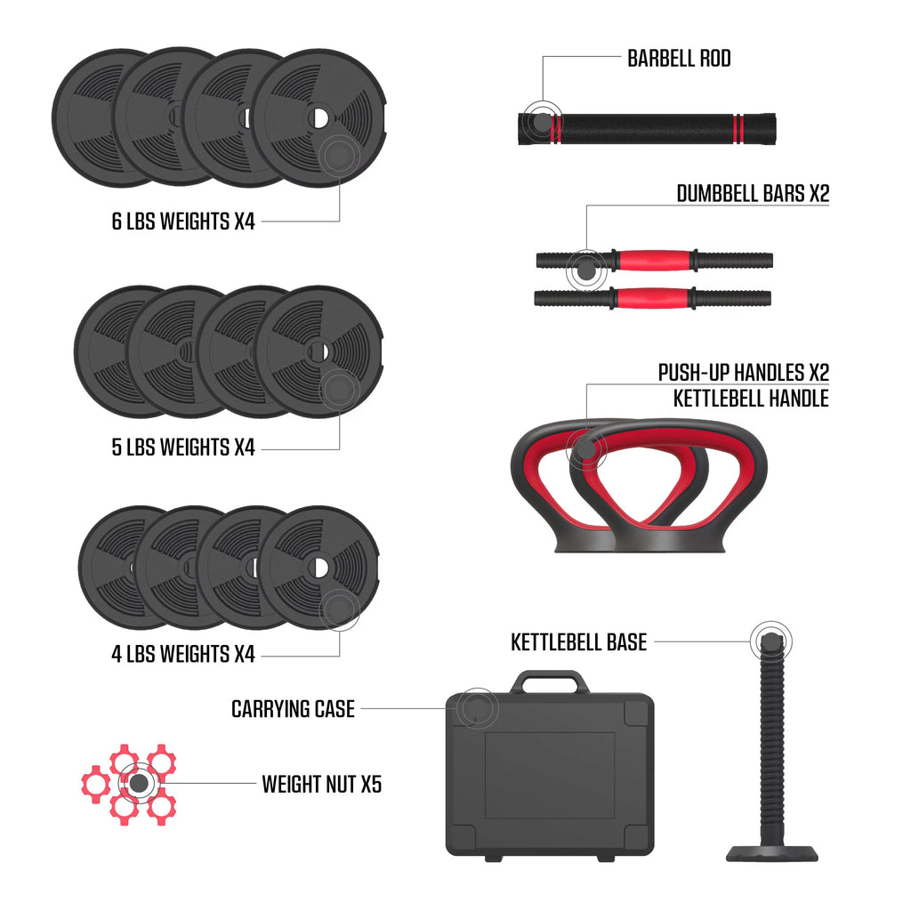 60 lbs. 4-in-1 Adjustable Dumbbell, Barbell, and Kettlebell Weight Set W3024