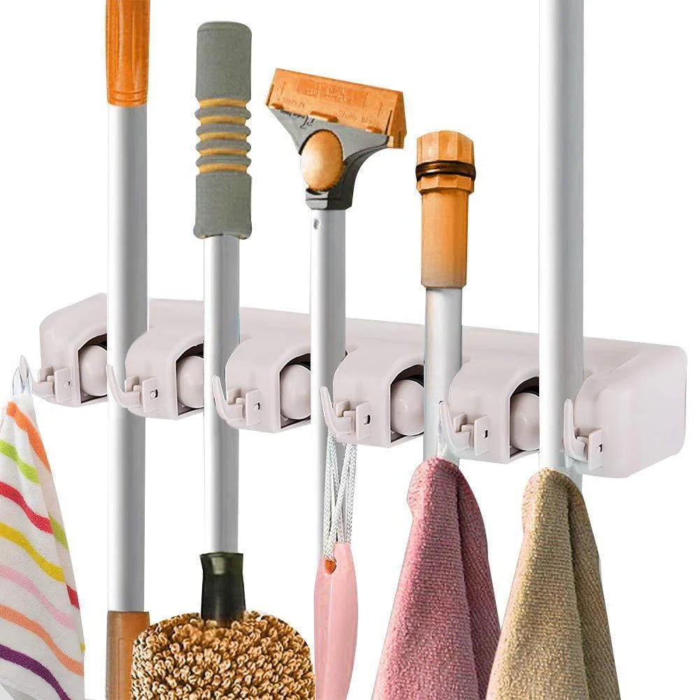 White Wall Mounted Mop & Broom Hanger R86981