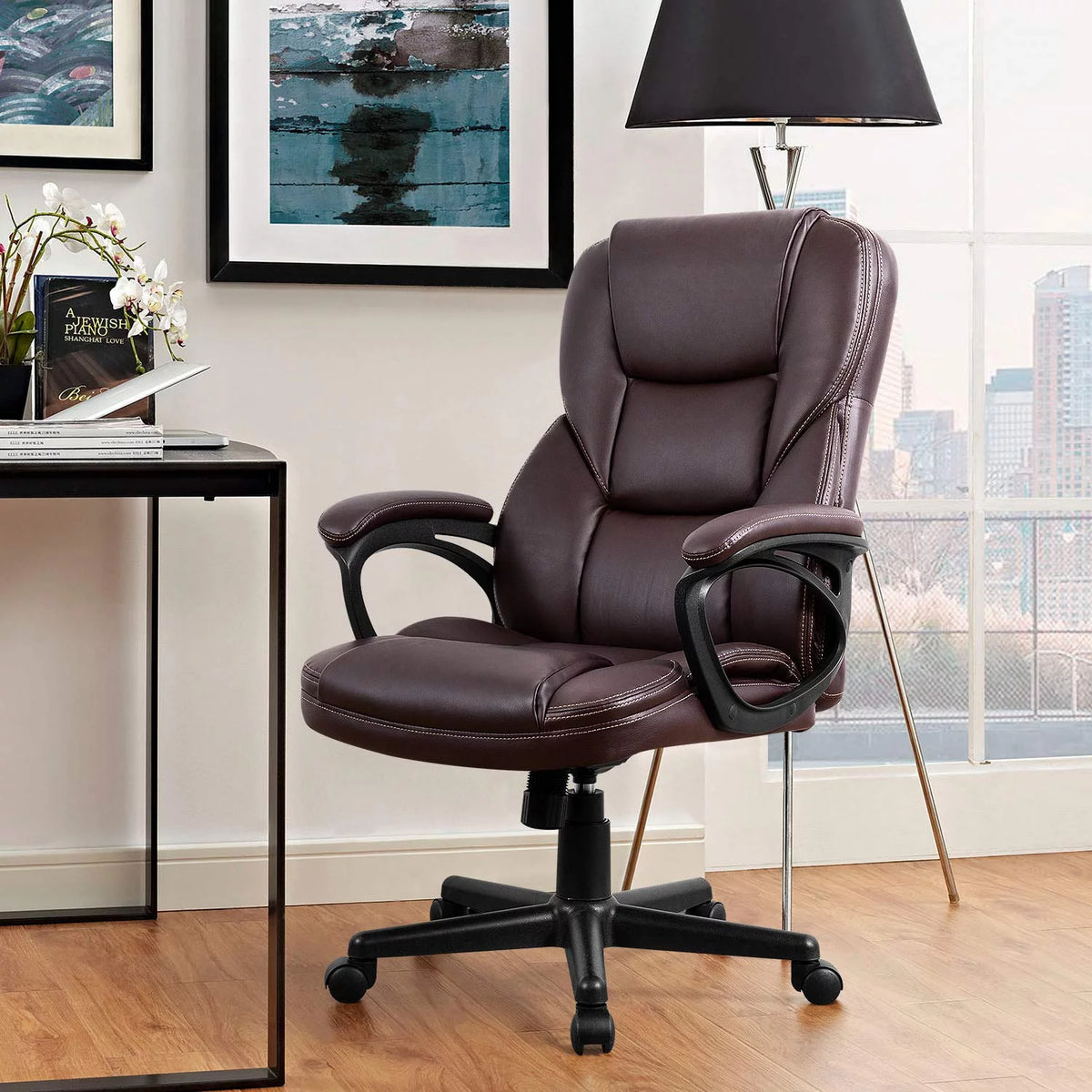 Black Faux Leather High-Back Executive Office Chair with Lumbar Support A28031