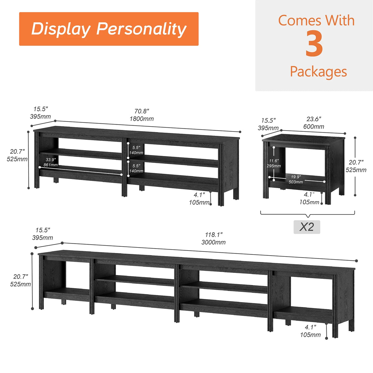 Black Wood TV Stand with 8 Storage C100058