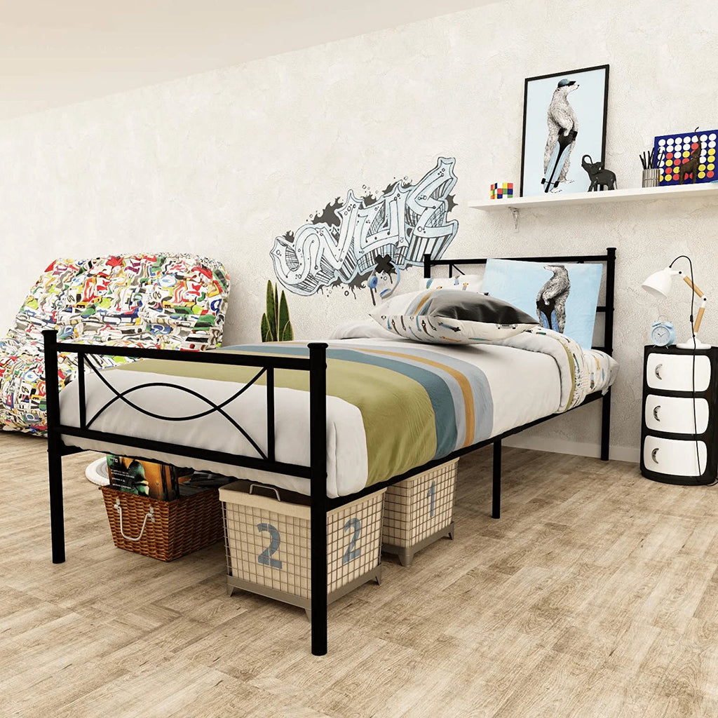 White Twin Size Metal Platform Bed Frame with Headboard A7945