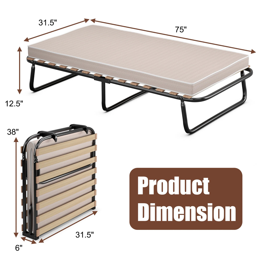 Portable Folding Guest Bed Cot with Memory Foam Mattress Twin Size J1847