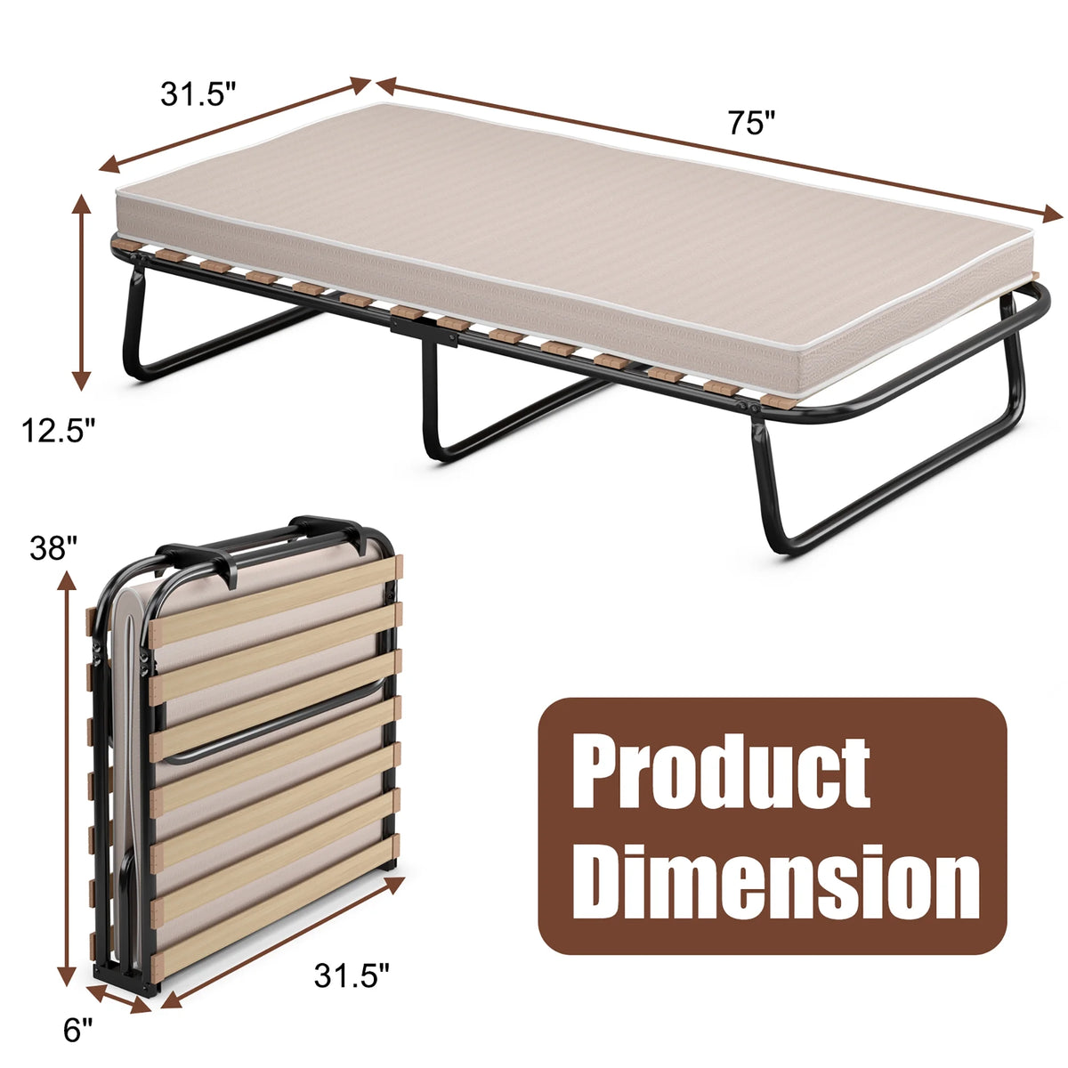 Portable Folding Guest Bed Cot with Memory Foam Mattress Twin Size J1847