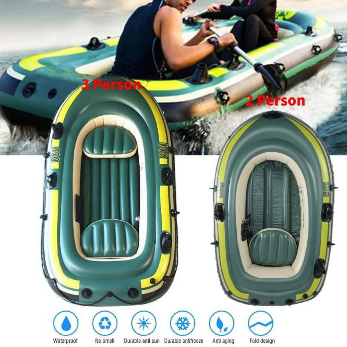 Green PVC Inflatable Two/Three Person Rowing Air Boat D962191
