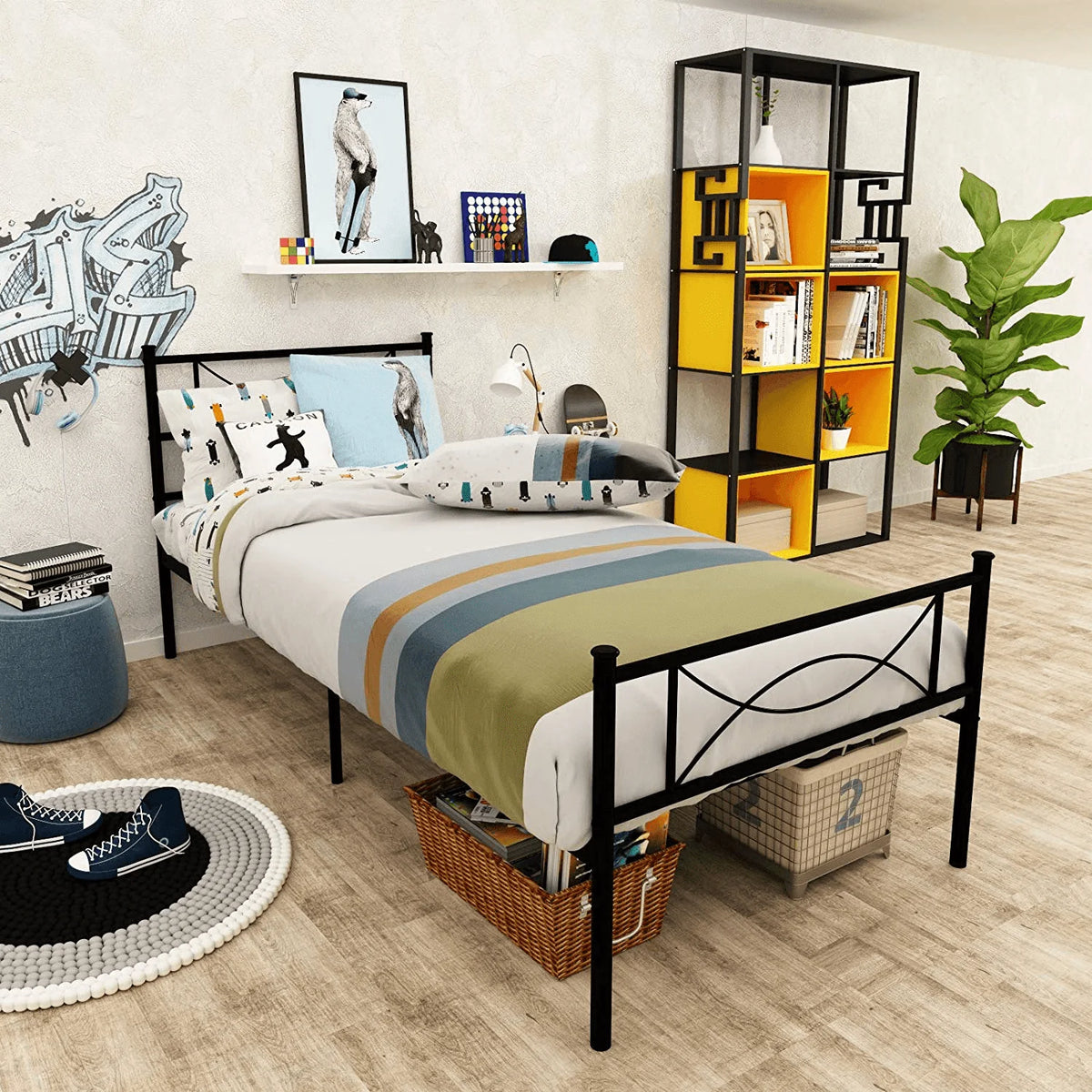 White Twin Size Metal Platform Bed Frame with Headboard A7945